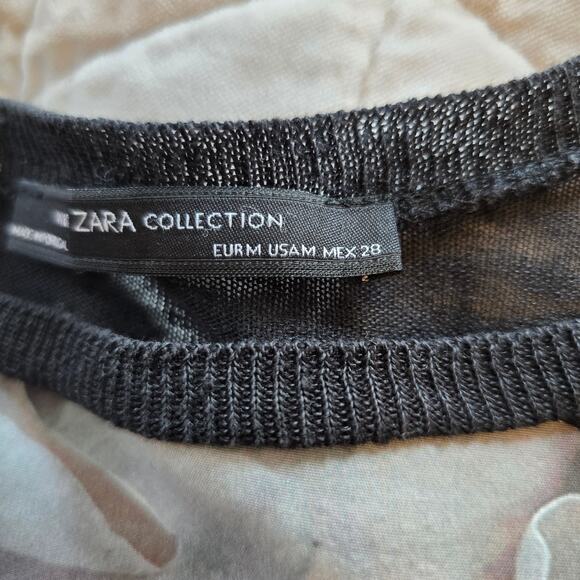 Zara Collection Top Women's M Black Knit Semi Sheer Roses Design Dark Romantic - Picture 6 of 9